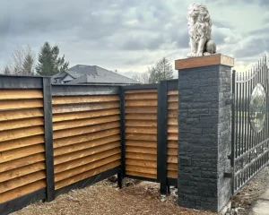 Cedar Horizontal Slat Decorative Fence with Custom Wrought Iron Gate