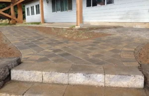 Creatively Split Paver Walkway With Massive Stone Steps